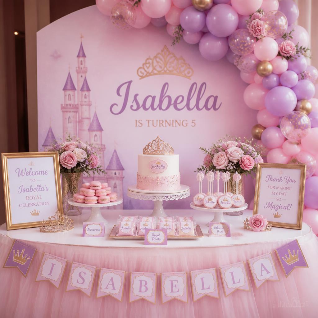 Mesa dulce princesas con cartelería personalizada y guirnalda de globos