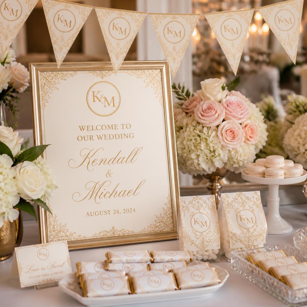 Cartelería y banderines coordinados para boda con iniciales